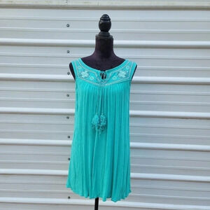 As U Wish Green White Embroidered Lined Tassel Sleeveless Tunic Dress Size Small